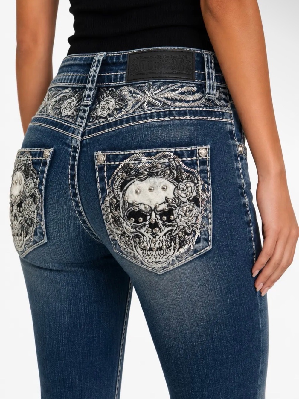 Embellished Dark Blue Women's Skull Pocket Jeans